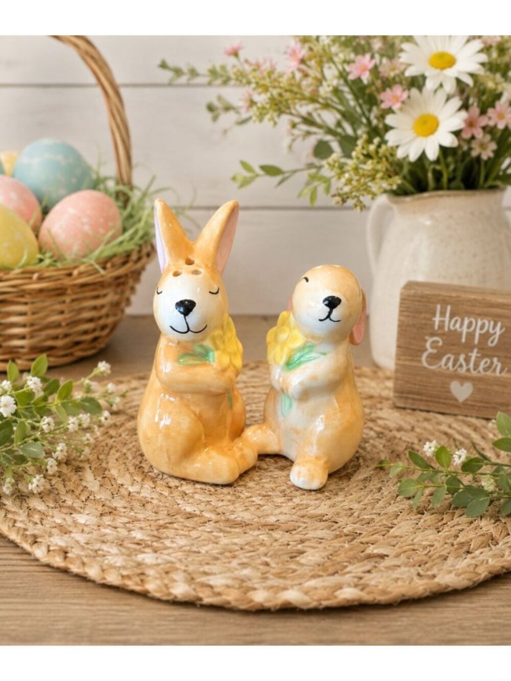 New Easter Bunny Couple Holding Flowers Salt & Pepper Shakers Salt N Pepper